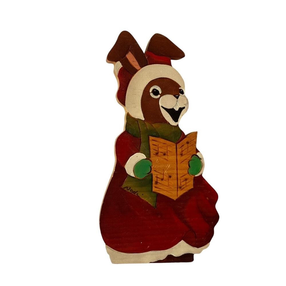 VTG Hand painted Wooden Bunny Christmas Caroler Shelf Sitter Woodland Decor